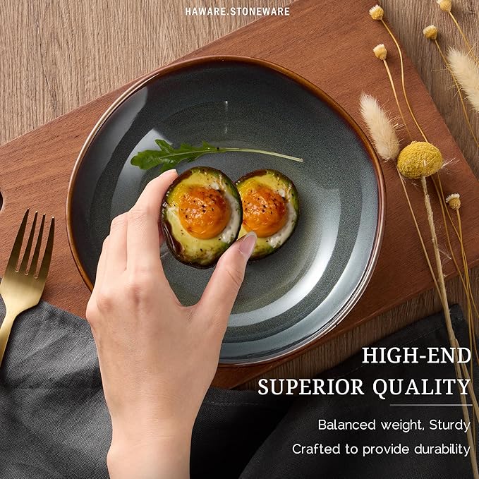 HaWare Plates and Bowls Set, Stoneware Dinnerware Sets, 18-Piece Hand-painted Dish Set for 6, Ceramic Dishware for Home Kitchen, Scratch Resistant, Microwave and Dishwasher Safe, Reactive Moss Green