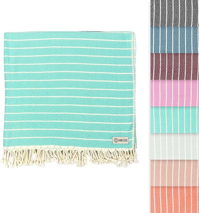 Sand Cloud Large Turkish Beach Towel - Sand Free - Fast Drying -100% Certified Organic Turkish Cotton Yarn - Great for Beach Bath or as a Blanket - As Seen on Shark Tank - Gocek (Mint) 37x69