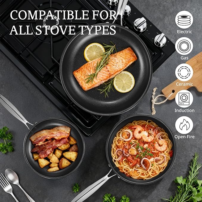 KITEXPERT Non Stick Frying Pans with Lid, 10" Titanium Ceramic Pan Nonstick Stainless Steel Skillet, PFAS PFOA & PTFE Free, Quick-Cool Handle, Dishwasher & Oven Safe, Compatible with All Cooktops