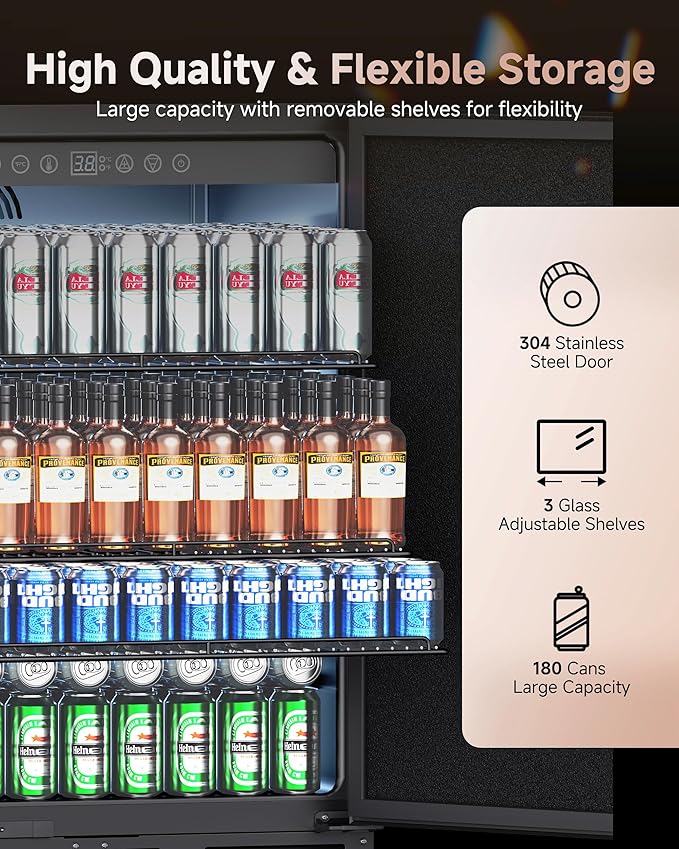 24 Inch 182-Can Beverage Refrigerator, Built-In Outdoor Beer Fridge with Stainless Steel Door, Low Noise Cooling for Soda & Wine, Under Counter Freestanding Design