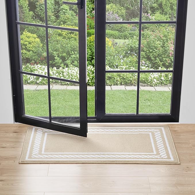 Nautica – Runner Rug | Indoor Runners for Hallways and Entry Rugs| Non-Slip and Non-Skid Entry and Kitchen Door Mat| Machine Washable Entryway Carpet Rugs | 2'2" x 3'9" | Rope Border Beige