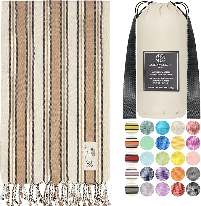 Madamelique Turkish Beach Towel with Beach Bag - 39 x 74 - Prewashed Beach Towels Oversized -%100Cotton - Quick Dry - Sand Free - Hand Loomed Turkish Bath Towels - Unique Absorbent Towel (Sand)
