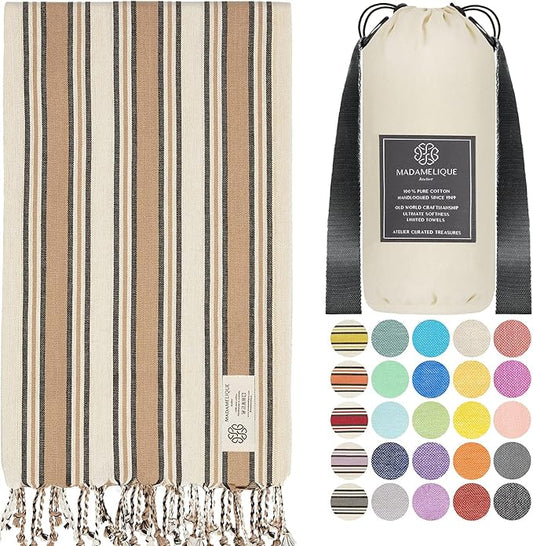 Madamelique Turkish Beach Towel with Beach Bag - 39 x 74 - Prewashed Beach Towels Oversized -%100Cotton - Quick Dry - Sand Free - Hand Loomed Turkish Bath Towels - Unique Absorbent Towel (Sand)
