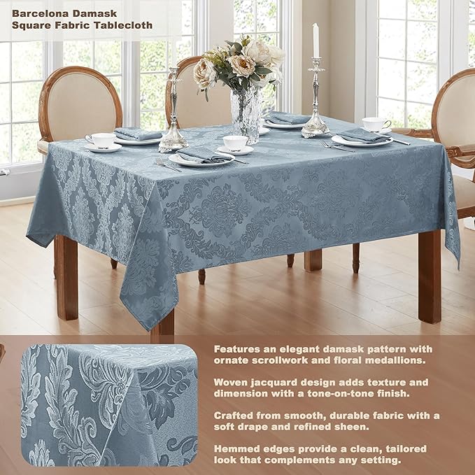 Newbridge Christmas Barcelona Damask Fabric Tablecloth, 52 x 52 Inch Square, Blue – No Iron, Soil Resistant Table Cover for Dining, Parties and Holidays