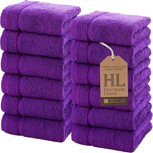 Hawmam Linen Luxury Cotton Washcloths 13x13 Inch - Large Hotel Spa Bathroom Face Towel | 12 Pack | Purple