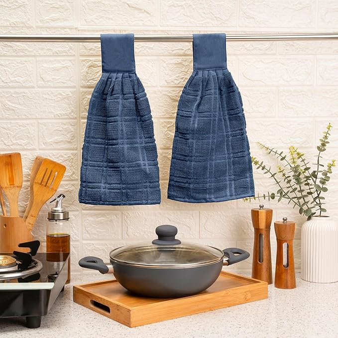 Blue Needles Hanging Kitchen Towels - Blue 100% Cotton Solid Kitchen Tie Towel, Set of 2 Hand Dish Cloth with Hanging Loops 9 x 17 Inches, Absorbent, Super Soft, and Fast Drying Home Essential