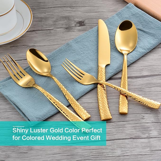 Silverware Set Gold Hammered Pattern Flatware Cutlery Stainless Steel Mirror Polished Utensil 20-Piece Spoons Forks and Knives Dishwasher Safe Service for 4