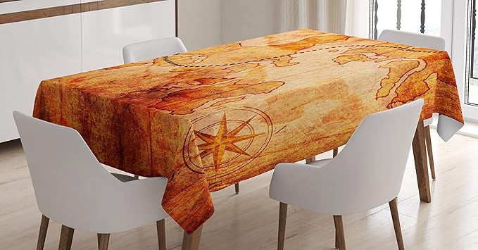 Ambesonne Island Map Tablecloth, Antique Treasure Map X Marks Spot Pot of Gold Hidden Lands History Theme Retro, Rectangular Table Cover for Dining Room Kitchen Decor, 52" X 70", Cream Tan