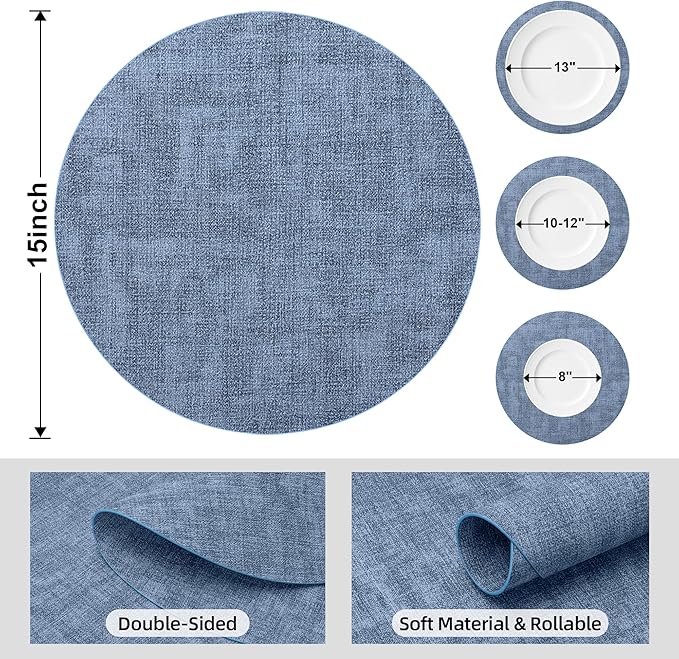 15 inch Faux Leather Round Placemats Set of 4 Non-Slip Washable Wipeable Table Mats, Heat Resistant Waterproof Oilproof Place Mats for Kitchen, Dining, Party, Indoor, Outdoor Blue