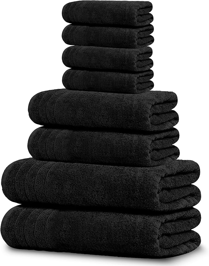 Tens Towels Pack of 8 Towels Set, 2 Extra Large Bath, 2 Hand, 4 Washcloths, 100% Cotton, Lighter Weight, Quicker to Dry, Super Absorbent, Perfect for Bathroom, Black