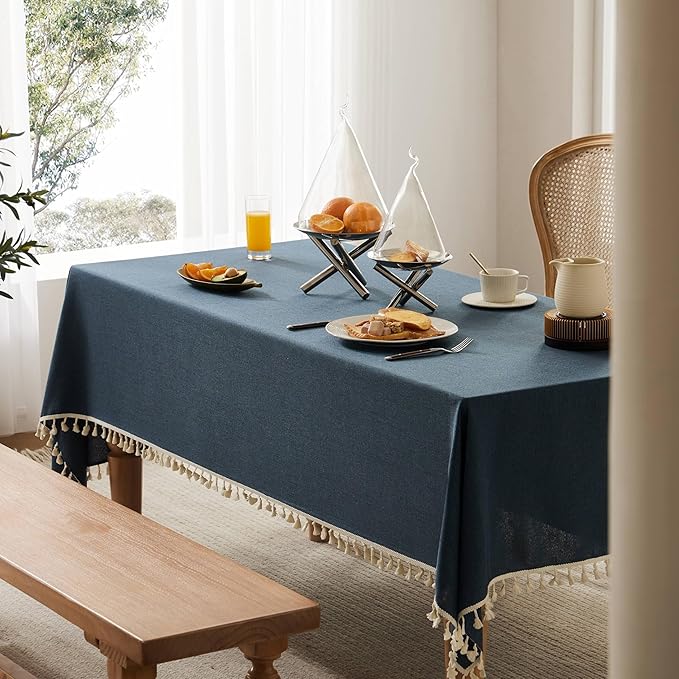 Linen Tablecloth with Tassels, Farmhouse Style Navy Tablecloth, Water Resistant Burlap Tablecloths for Rectangle Table, 60x84 Inch Navy