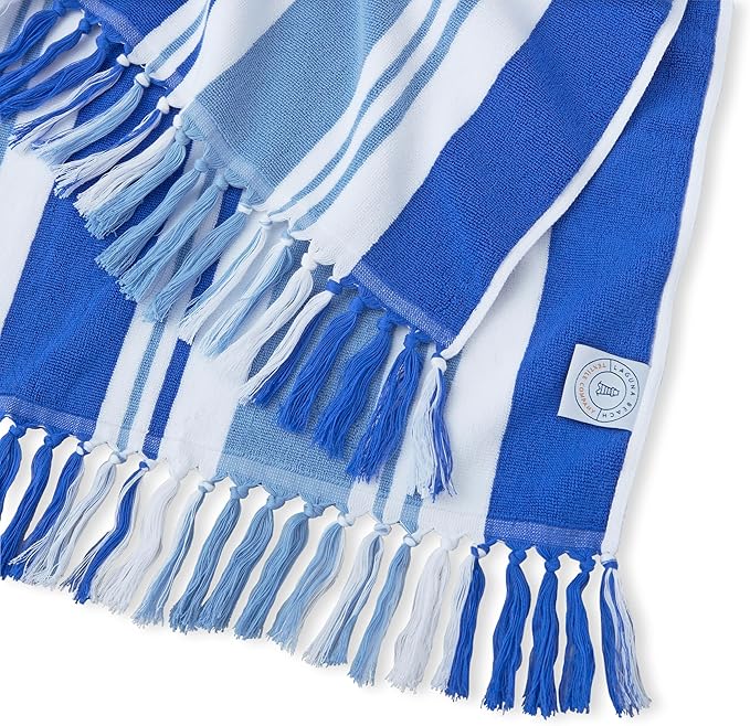 Laguna Beach Textile Co. Striped Cabana Beach Towel - Oversized, Plush 630 GSM Cotton - Bahama Blue