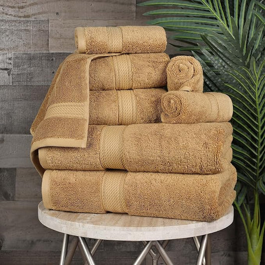 Superior Egyptian Cotton Pile 8 Piece Towel Set, Includes 2 Bath, 2 Hand, 4 Face Towels/Washcloths, Ultra Soft Luxury Towels, Thick Plush Essentials, Guest Bath, Spa, Hotel Bathroom, Toast