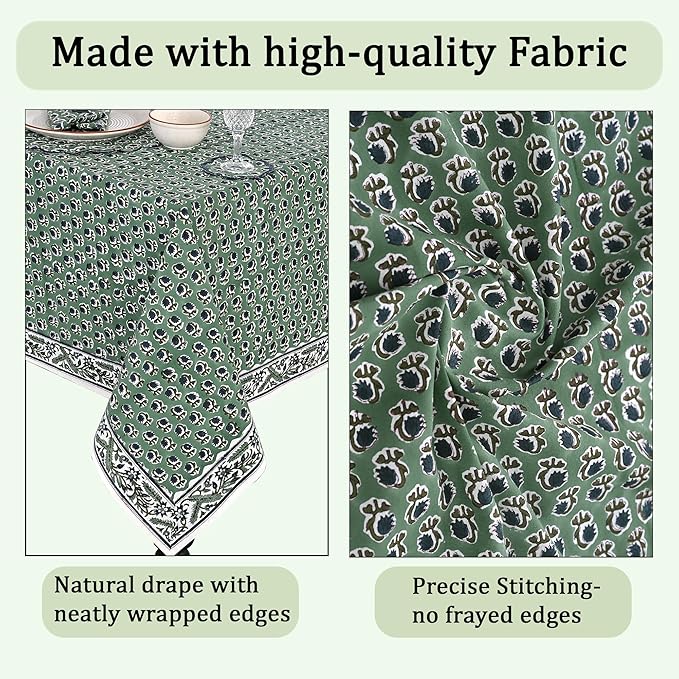 Ridhi Basil Green Hand Block Print Cotton Rectangle Tablecloth 120" x 80" inches Reusable Table Cover Decorative Everyday Use for Dining, Farmhouse, Home, Party, Festive, Wedding, Fall