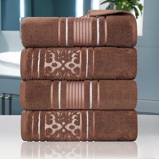 Superior Cotton Bath Towel Set, Large Plush Absorbent Body Towels, Luxury Soft Quick Drying, Shower, Spa, Hotel, Pool, Guest Bathroom, Home Essentials, Zero Twist, Assorted Design, Set of 4, Chocolate