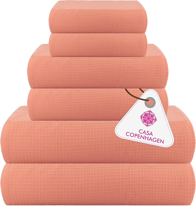 CASA COPENHAGEN Waffle Towel, 6Pieces 100% Cotton Large Towel Set- Malibu Peach, 2Bath 2Hand 2Washcloths Instant Absorb and Dry, Soft Strong Towels for Hotel Spa Kitchen Bathroom & Shower