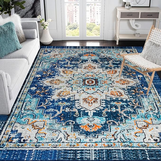 Easy-Going Area Rug 5x7 Washable Boho Rugs for Living Room Non-Slip Bedroom Rug Low Pile Lightweight Tangerine Vintage Throw Rug for Dining Room Kitchen Home Office Carpet, Floral Aqua Yellow