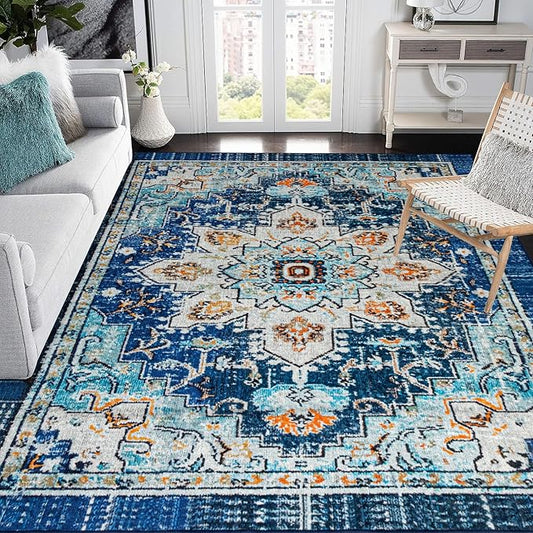 Easy-Going Area Rug 5x7 Washable Boho Rugs for Living Room Non-Slip Bedroom Rug Low Pile Lightweight Tangerine Vintage Throw Rug for Dining Room Kitchen Home Office Carpet, Floral Aqua Yellow