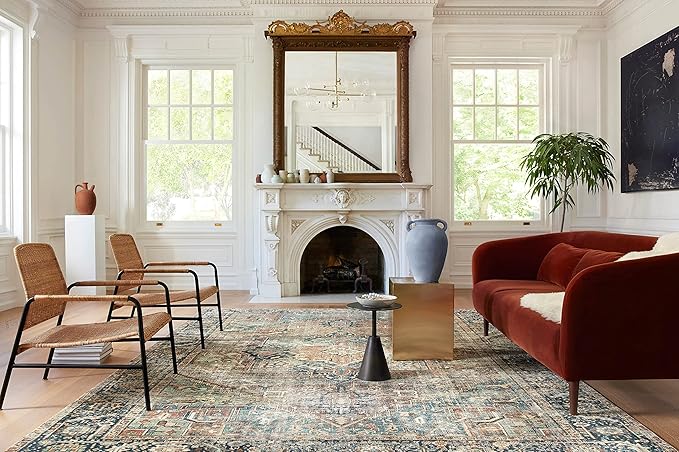 Loloi Margot Collection MAT-02 Terracotta/Lagoon 7'-6" x 9'-6" Area Rug feat. CloudPile, No-Shed Easy Clean Large Patterned Area Rug for Living Room, Bedroom, Dining Area