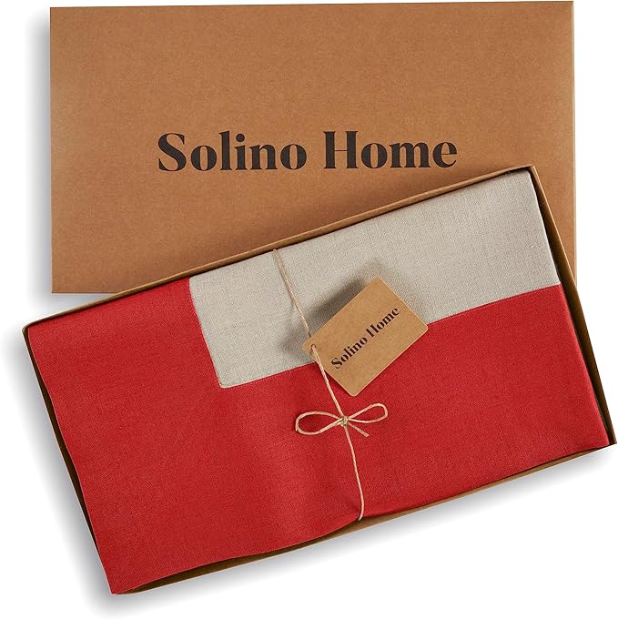 Solino Home Linen Tablecloth 60 x 120 Inch - 100% Pure Linen Red and Natural Rectangular Tablecloth - Machine Washable Table Cloth for Valentines, New Year - Contempo