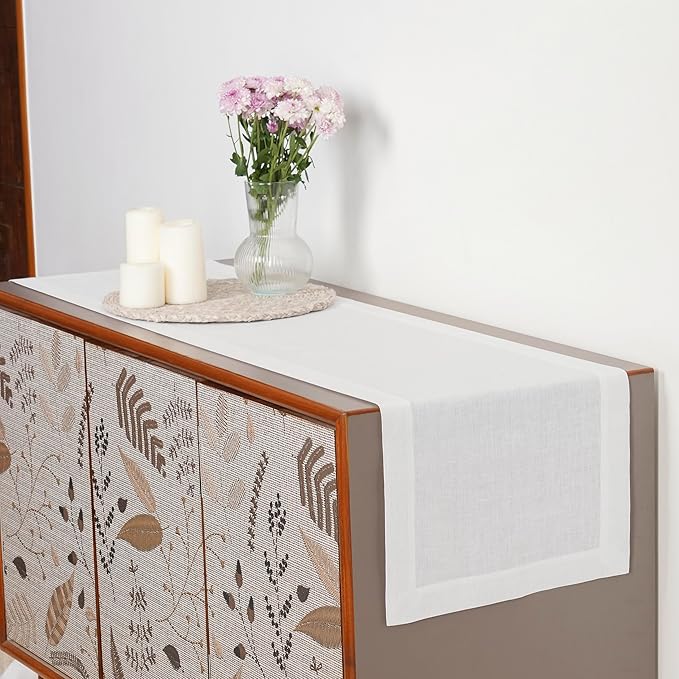 D'Moksha Homes Linen White Table Runner 36 Inches - 100% Pure Linen Small Table Runner 14 x 36 Inch for Dresser, Coffee Tables, Winter, Holiday, New Year-Machine Washable