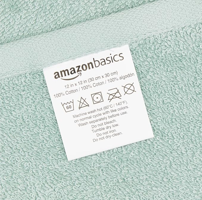 Amazon Basics Washcloth for Bathroom, 100% Cotton Extra Absorbent, Fast Drying - Salon Towels - Seafoam Green, 12 x 12 inches (Pack of 144)