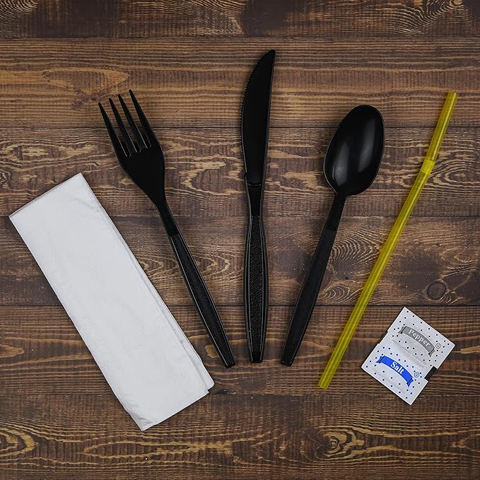 100 pack | Individually wrapped Cutlery set | BlackHeavy Duty Cutlery | Utensil set with Fork, spoon, knife, Napkin, Straw and Salt/Pepper packets (6 in 1) | Plastic Disposable Flatware Cutlery Kits