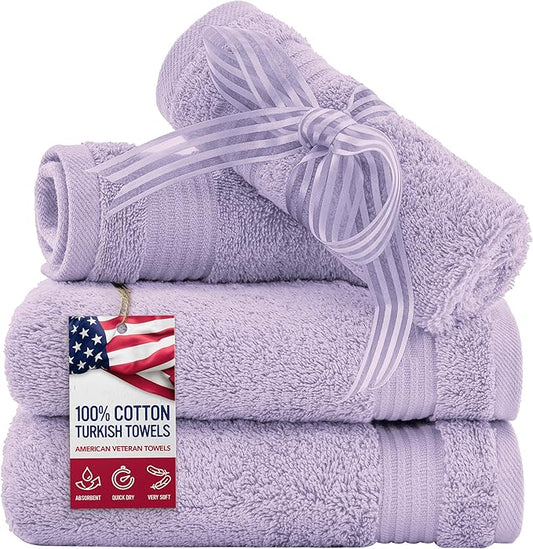 American Veteran Towel, 100% Cotton Turkish Washcloths for Bathroom Essentials 4 Pack, Soft Absorbent Wash Cloths Quick Drying Small Towels Washrags, Lilac