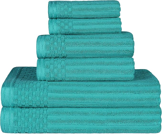 Cotton 6-Piece Solid and Ribbed Towel Set, Face Towels 13” x 13”, Hand Towels 16” x 28”, Bath Towels 27” x 54”, Turquoise by Superior