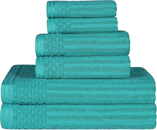 Cotton 6-Piece Solid and Ribbed Towel Set, Face Towels 13” x 13”, Hand Towels 16” x 28”, Bath Towels 27” x 54”, Turquoise by Superior