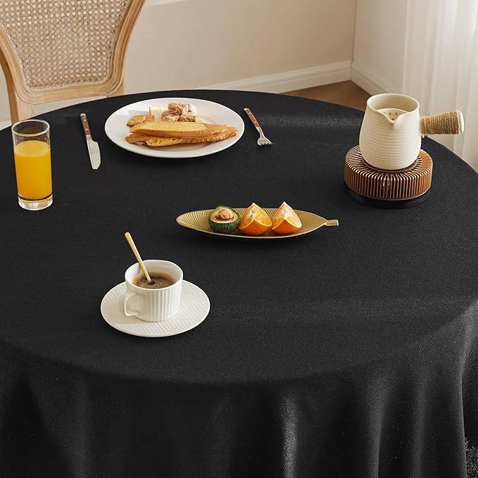 Linen Tablecloth with Tassels, Farmhouse Style Black Tablecloth, Water Resistant Burlap Tablecloths for Round Table, 60 Inch Round Black