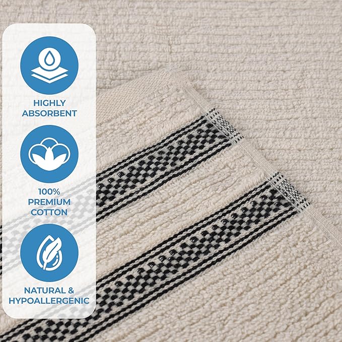Superior Cotton 6-Piece Towel Set, Zero Twist, Ribbed Geometric, Bathroom Essentials, Shower, Spa, Luxury Plush Soft Absorbent Towels, Includes 2 Bath, 2 Hand, 2 Washcloth/Face Towels, Ivory