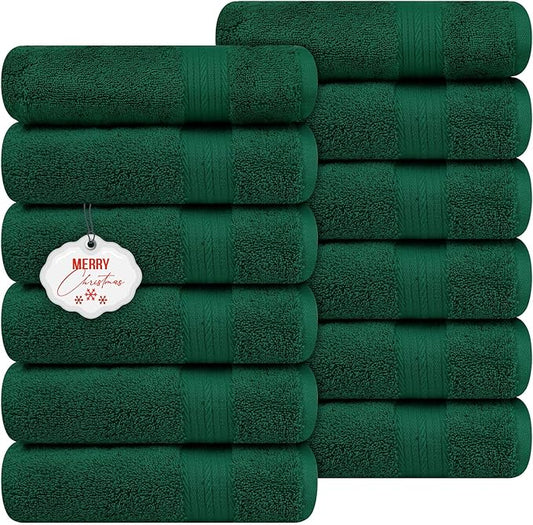 Ample Decor Hand Towels 18 X 28 Inch Pack of 12 600 GSM 100% Cotton, Soft Absorbent Thick Durable Premium Quality, for Hotel, Bathroom, Spa, Daily Use, Gym - Christmas Green