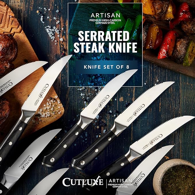 Cutluxe Steak Knives Set of 8, Serrated Steak Knives – Forged High Carbon German Steel, Full Tang, Ergonomic Handle Design – Artisan Series