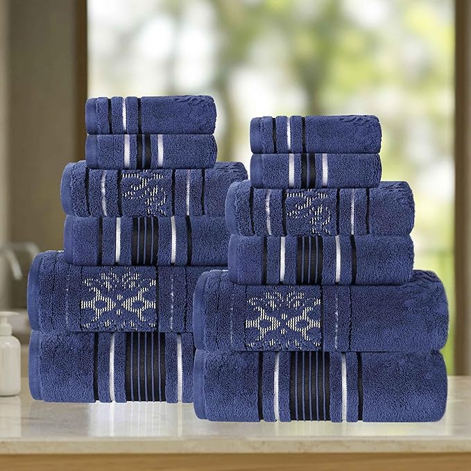 Superior Cotton 12 Piece Assorted Floral Towel Set, Includes 4 Bath, 4 Hand, 4 Washcloth/Face Towels, Quick Dry, Home Essentials, Shower, Spa, Luxury Plush Soft Absorbent Towels, Zero Twist, Navy Blue