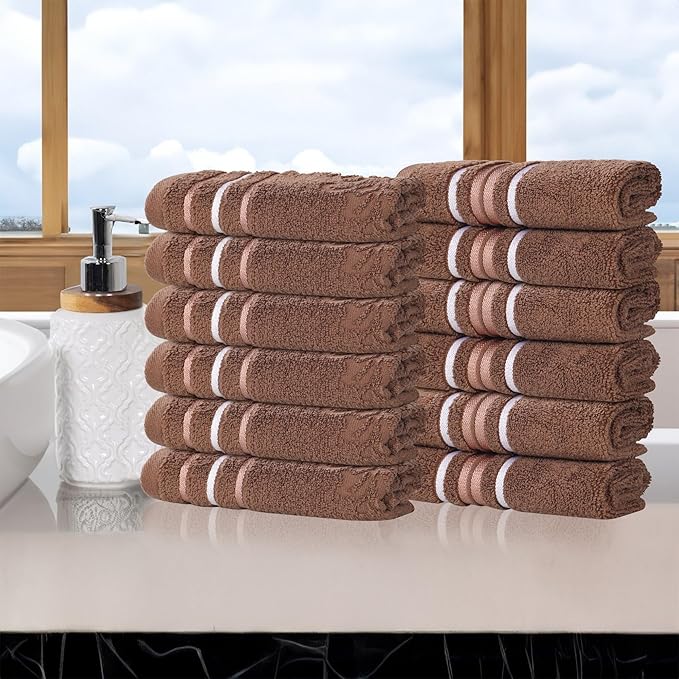 Superior Cotton Face Towel/Washcloth Set, Small Facial Towels, Spa, Hotel, Guest, Home, Bathroom Basics, Plush Soft Absorbent, Luxury Quick Drying, Zero Twist, Assorted Design, Set of 12, Chocolate