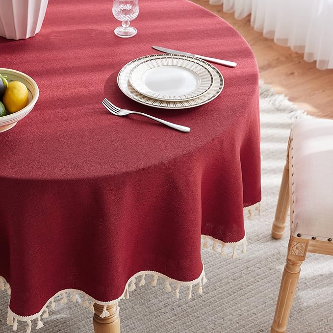Linen Tablecloth with Tassels, Farmhouse Style Burgundy Tablecloth, Water Resistant Burlap Tablecloths for Round Table, 60 Inch Round Burgundy