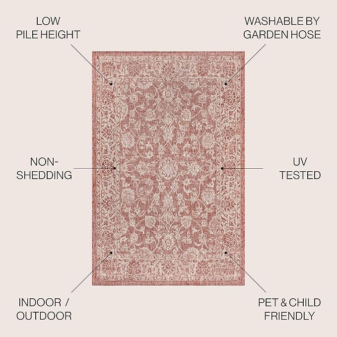 JONATHAN Y Weave Floral Indoor Outdoor Square Area Rug 4X4 Red/Taupe, Tela Bohemian Textured for Backyard, Patio, Porch, Easy-Cleaning, High Traffic, Pet-Friendly, Non-Shedding (SMB100A-4SQ)