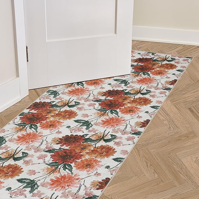 Laura Ashley Beige Dahlias Floral Machine Washable & Slip Resistant 26" x 72" Runner Rug