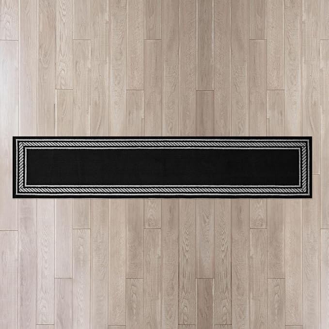 Nautica – Runner Rug | Indoor Runners for Hallways and Entry Rugs| Non-Slip and Non-Skid Entry and Kitchen Door Mat| Machine Washable Entryway Carpet Rugs | 2'6" x 12' | Rope Border Black