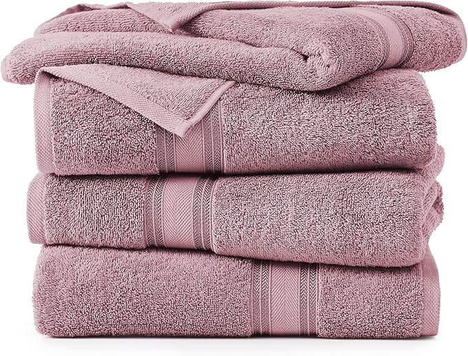 LANE LINEN 100% Cotton Large Bath Towels Set of 4 (28"x54") - Zero Twist, Mercerized Cotton Bathroom Towel 4 Pack - Quick Dry, Soft & Absorbent Large Towels Set - Oeko Tex Certified - Wishful Mauve