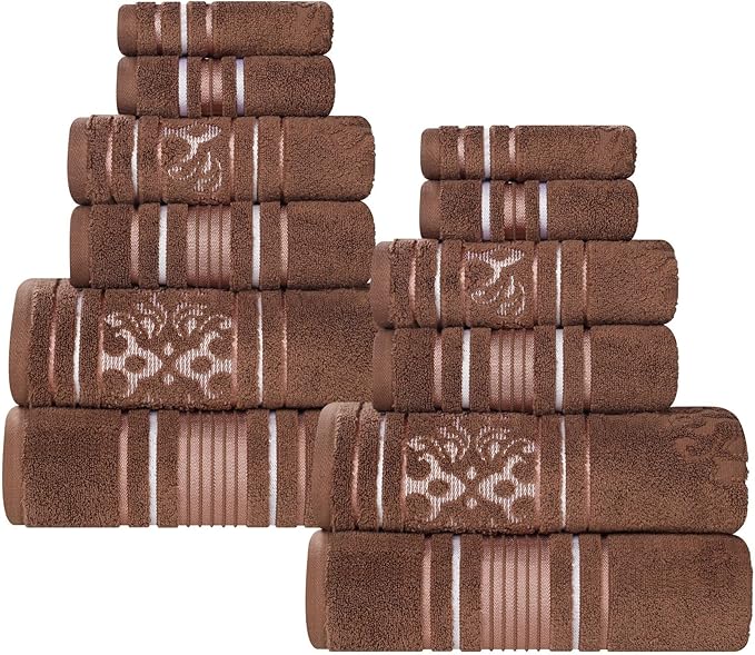 Superior Cotton 12 Piece Assorted Floral Towel Set, Includes 4 Bath, 4 Hand, 4 Washcloth/Face Towels, Quick Dry, Home Essentials, Shower, Spa, Luxury Plush Soft Absorbent Towels, Zero Twist, Chocolate