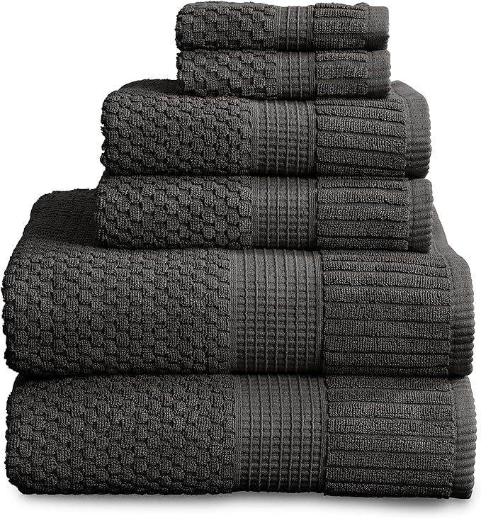 NY Loft 100% Cotton 6 Piece Bath Towel Set | Grey Towels | Oeko-TEX® Standard 100 | Soft & Absorbent, Quick-Dry | 2 Bath Towels 2 Hand Towels and 2 Washcloths | Trinity Collection - Dark Grey