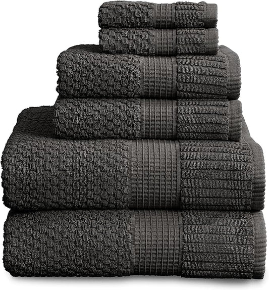 NY Loft 100% Cotton 6 Piece Bath Towel Set | Grey Towels | Oeko-TEX® Standard 100 | Soft & Absorbent, Quick-Dry | 2 Bath Towels 2 Hand Towels and 2 Washcloths | Trinity Collection - Dark Grey