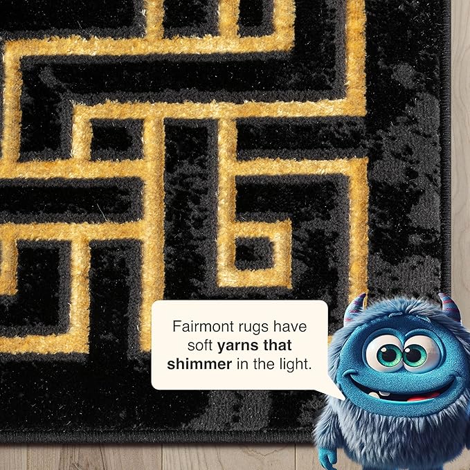 Well Woven Lezlee Abstract Modern 2'3" x 7'3" Runner - Black Gold Marble Border Elegant & Soft Rug - Perfect for Hallway, Entryway, Kitchen