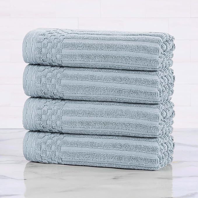 Cotton 4-Piece Solid and Ribbed Hand Towel Set, Hand Towels- 16" x 28", Slate Blue by Superior