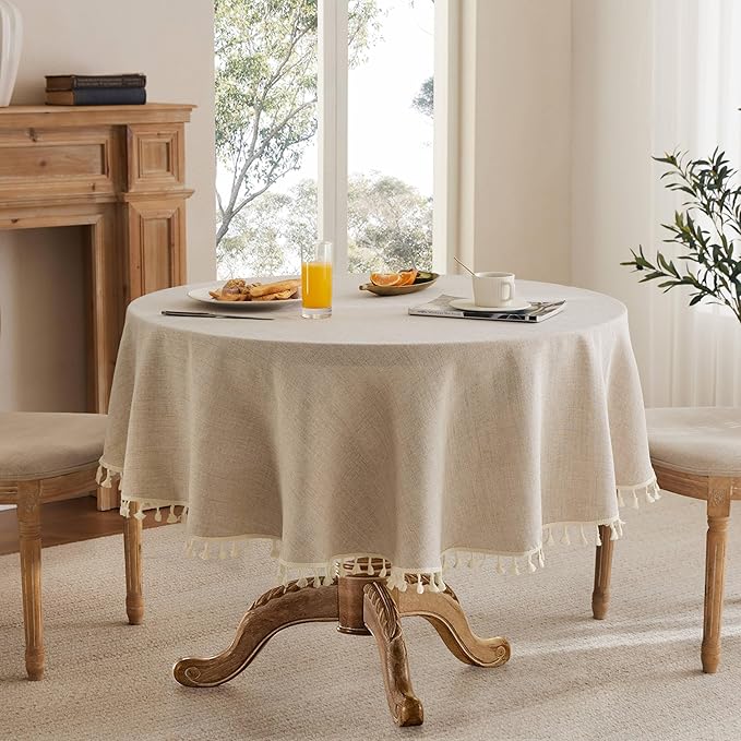 Linen Tablecloth with Tassels, Farmhouse Style Beige Tablecloth, Water Resistant Burlap Tablecloths for Round Table, 60 Inch Round Natural