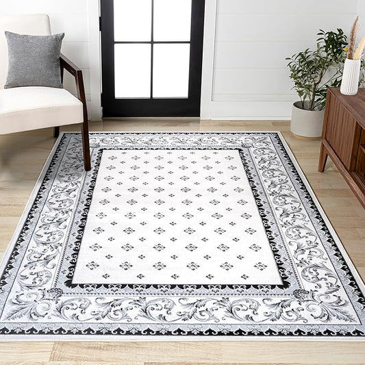 JONATHAN Y Acanthus French Border Cream/Light Gray Indoor Area Rug, 4x6, Vintage, Bohemian, Easy-Cleaning for Living Room, Bedroom, Kitchen, Pet Friendly, Non-Shedding (MDP504B-4)