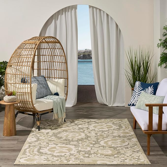 Nourison Home Aloha Ivory Sage 3'6" x 5'6" Area Rug - Easy Clean, Non Shedding, Bed Room, Living Room, Dining Room, Kitchen (4' x 6')