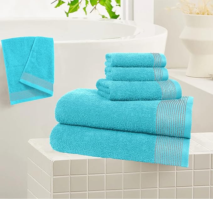 Belizzi Home 100% Cotton Ultra Soft 6 Pack Towel Set, Contains 2 Bath Towels 28x55 inchs, 2 Hand Towels 16x24 inchs & 2 Washcloths 12x12 inchs, Compact Lightweight & Highly Absorbant - Turquoise Blue